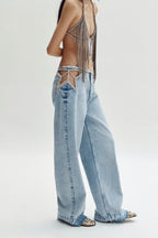 Rhinestone Low Rise Straight Leg Denim Jeans