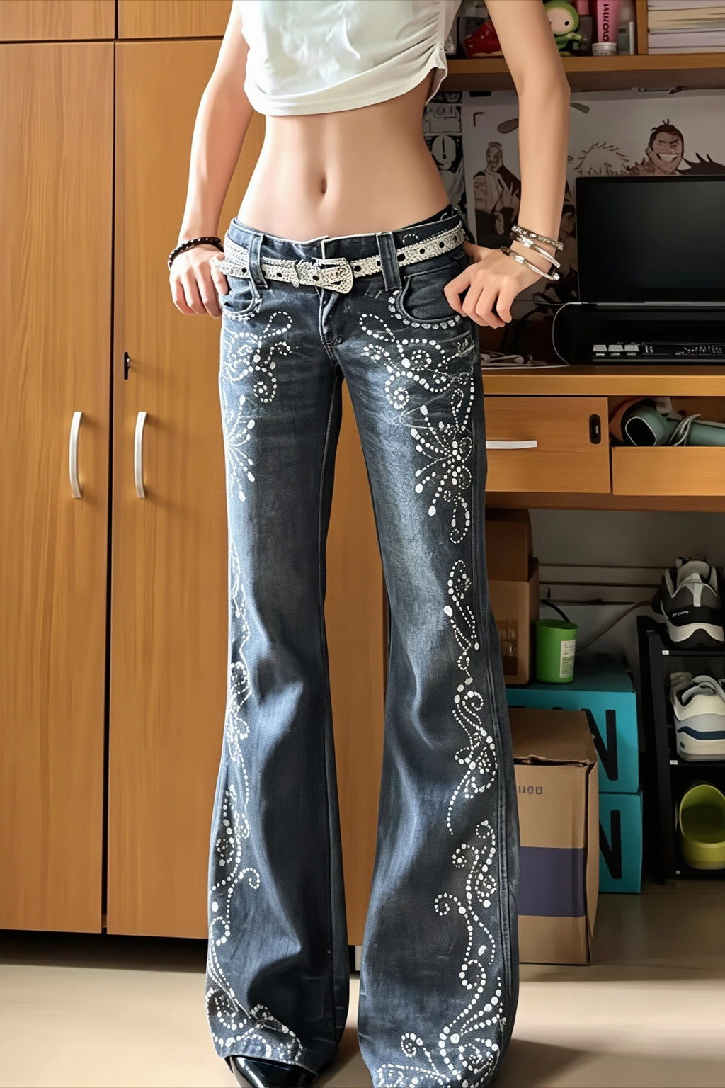 Crystal Floral Graphic Wide Leg Flare Jeans