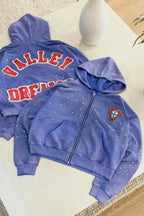 Rhinestone Collegiate Letter Washed Zip Hoodie