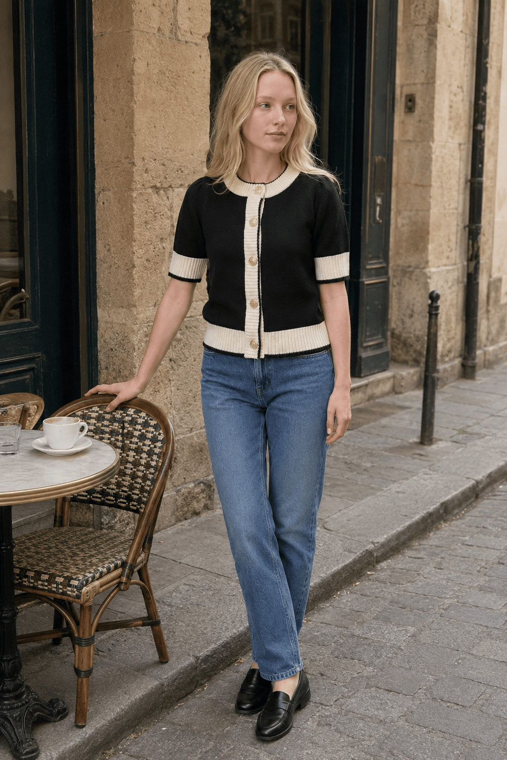 Black White Contrast Slim Cardigan Main image