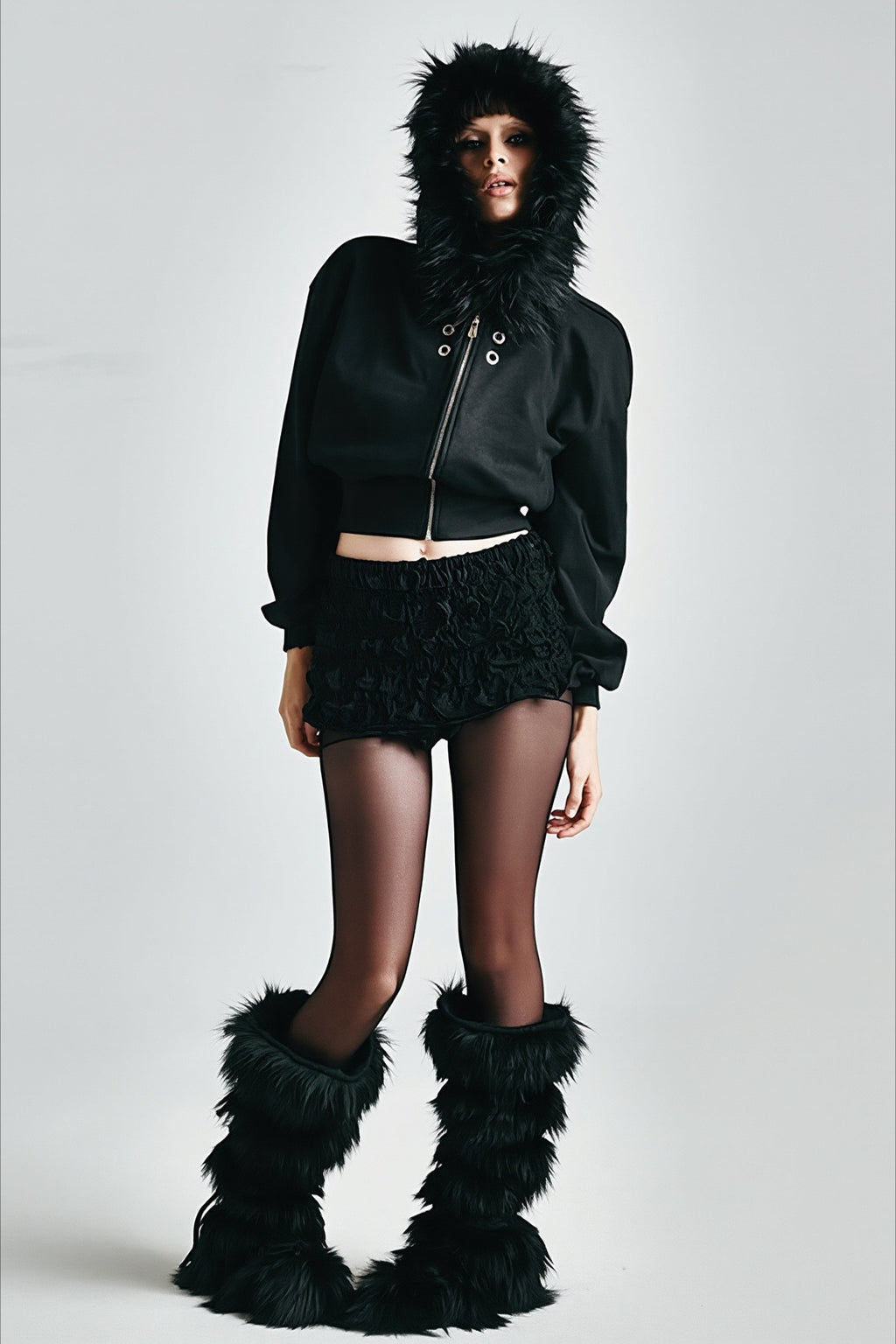 Faux Fur Trim Patterned Cropped Zip Hoodie