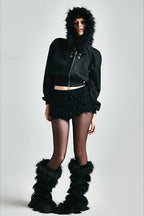 Faux Fur Trim Patterned Cropped Zip Hoodie