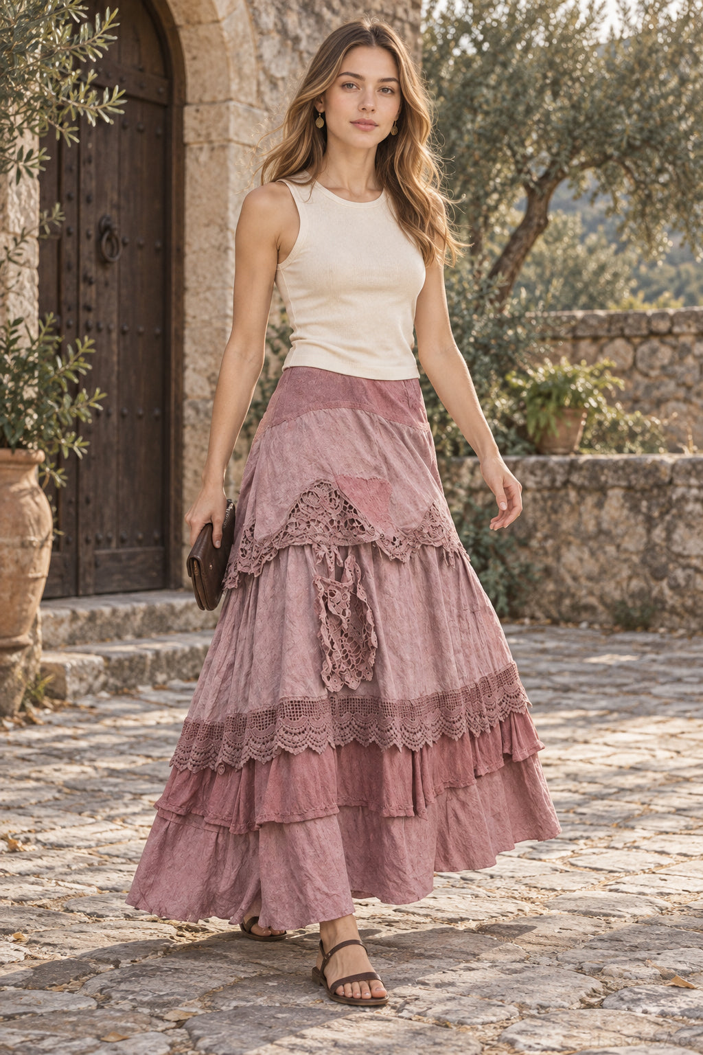 Plus Size Women's Summer Vintage Ruffles Oversized Lace Maxi Skirts