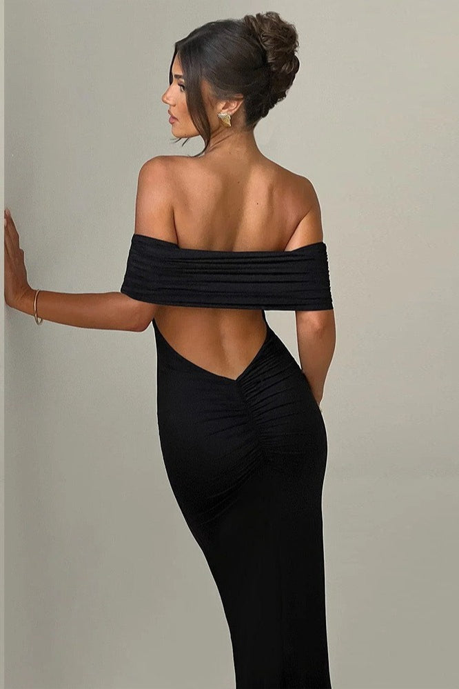 Off Shoulder Backless Bodycon Ruched Solid Formal Dress Main image