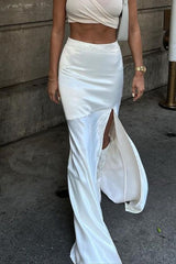 High Waist Fishtail Slit Flowy Slim Fit Skirt