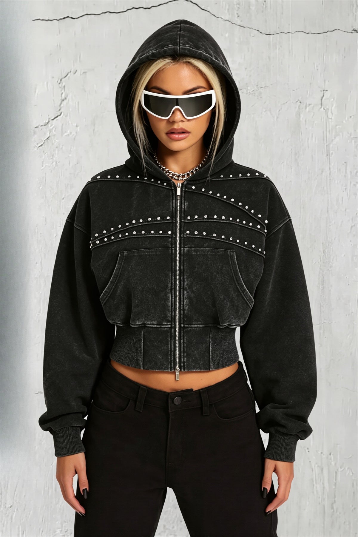 Washed Studded Zip Front Cropped Hoodie Main image