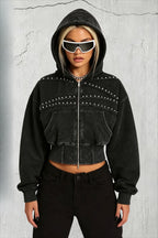 Washed Studded Zip Front Cropped Hoodie