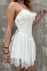 Sexy Solid V Neck Ruffled Lace Dress