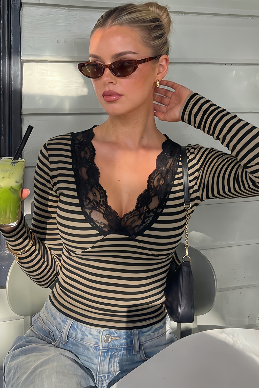 Striped Lace Trim V Neck Long Sleeve T-shirts