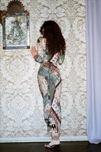 Abstract Print V Neck Long Sleeve Maxi Party Dress