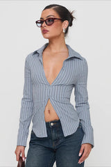 Striped Darted Collared Long Sleeve Top