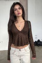 Lace V Neck Flared Hem Long Sleeved T-shirts