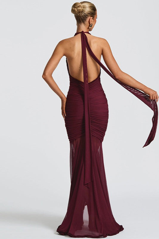 Elegant Mesh Paneled V Neck Halter Backless Long Formal Dress Secondary image