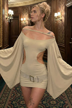 Off-Shoulder Batwing Sleeve Backless Bodycon Mini Dress