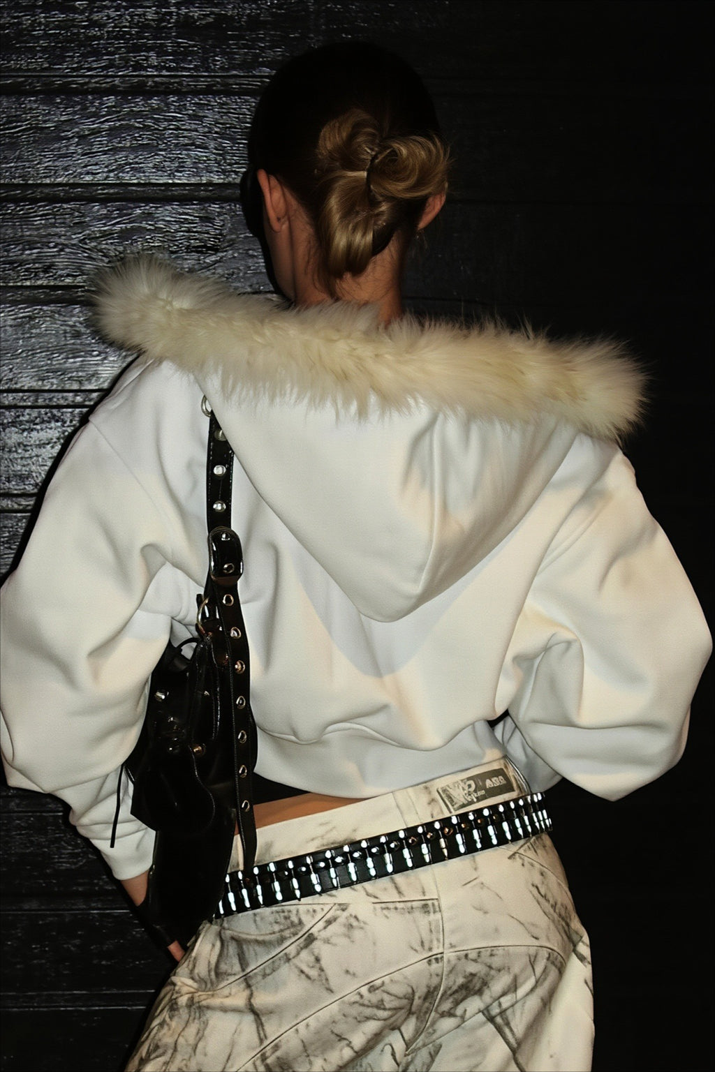 Fur Trim Cropped Solid Full Zip Hoodie
