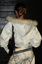 Fur Trim Cropped Solid Full Zip Hoodie