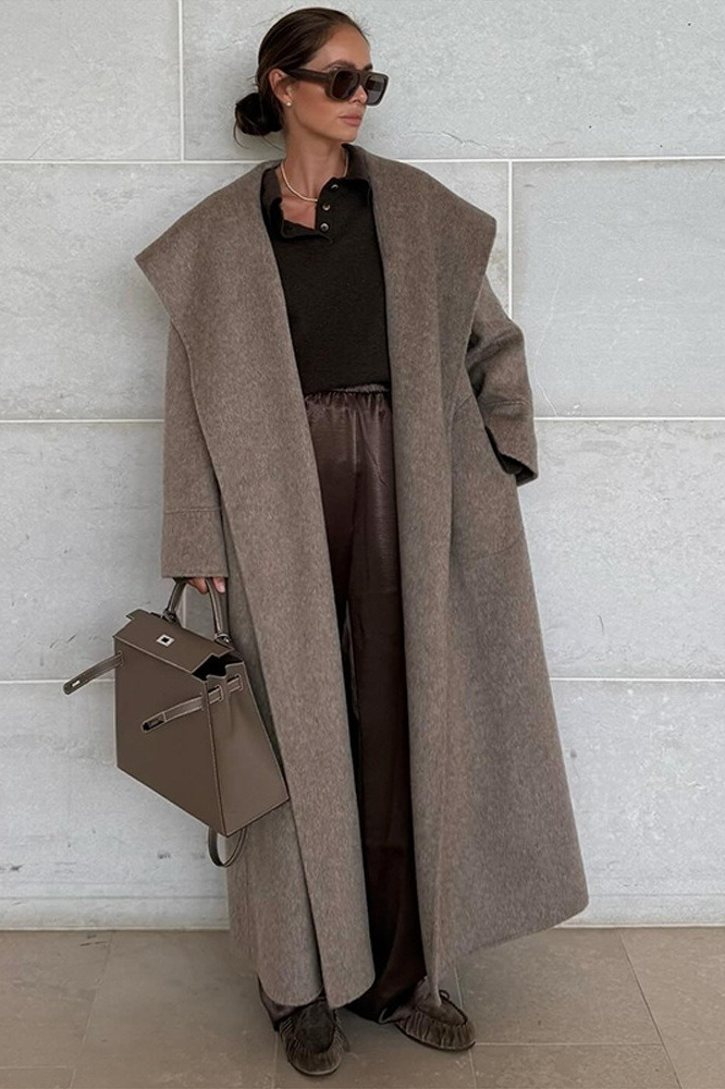 Wool Wide Lapel Cinched Waist Long Overcoat Secondary image