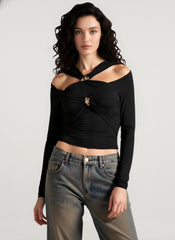 Printed Slim Fitted Crew Neck Cropped Long Sleeve Crop Top