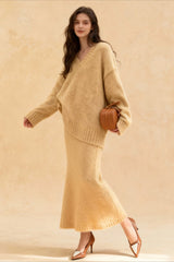 Lazy V-neck Knit Sweater Mermaid Skirt Two Piece Set