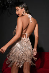 Solid Halter Tie V Neck Fringe Party Mini Sequin Dress