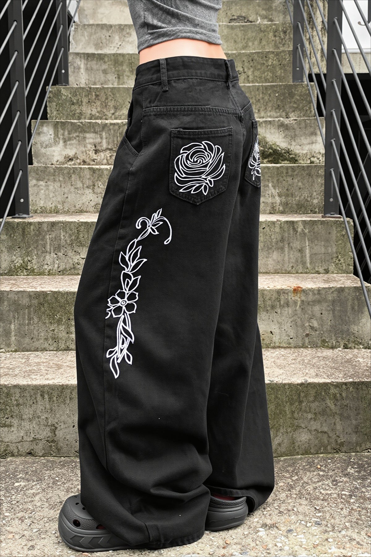 Rose Embroidered Gothic Wide Leg Jeans Main image
