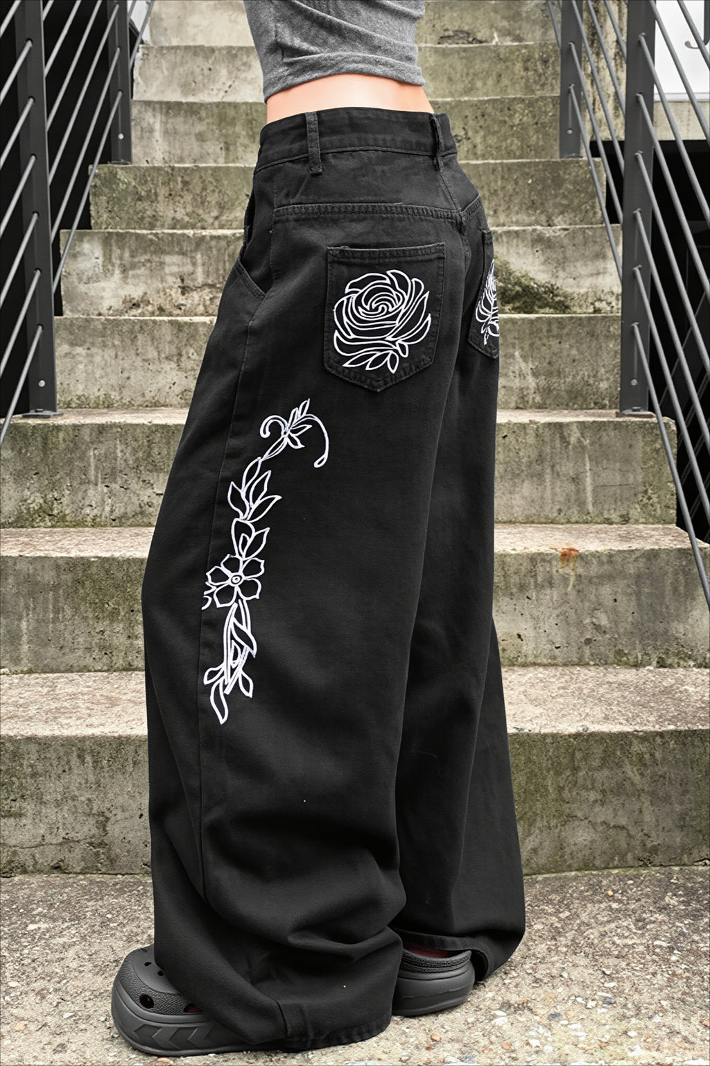 Rose Embroidered Gothic Wide Leg Jeans
