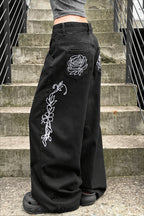 Rose Embroidered Gothic Wide Leg Jeans