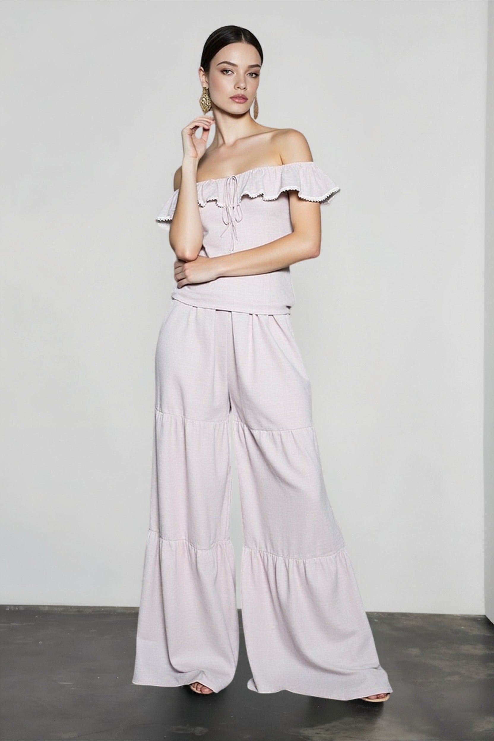 Ruffle Off Shoulder Top Pants Vacation Set Secondary image