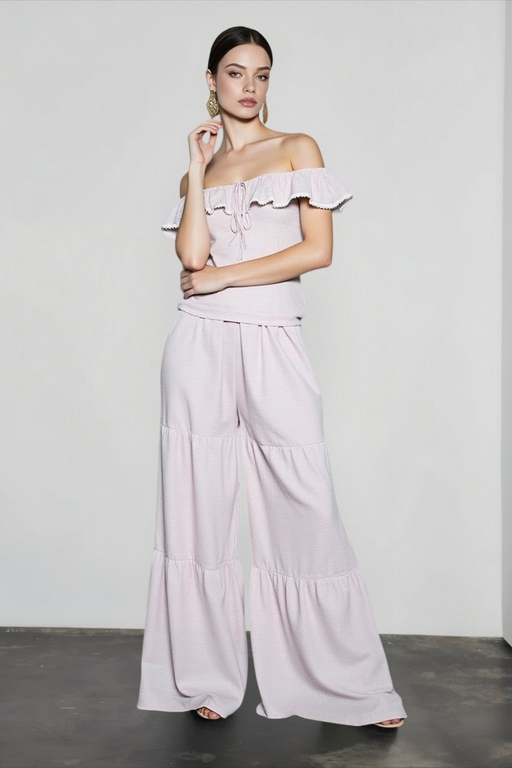 Ruffle Off Shoulder Top Pants Vacation Set