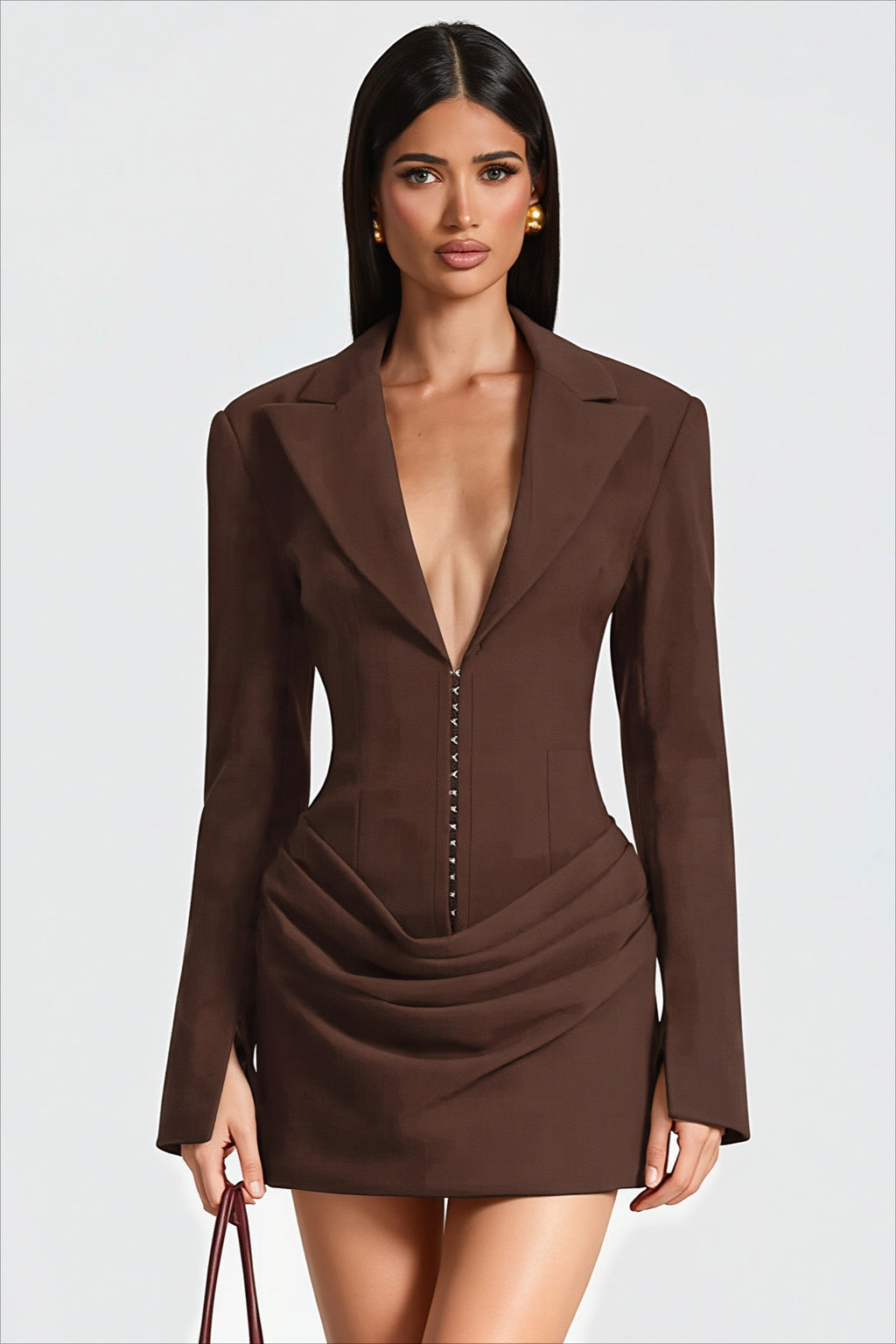 Plunging Lapel Ruched Long Sleeve Mini Party Dress