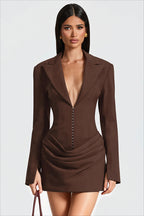 Plunging Lapel Ruched Long Sleeve Mini Party Dress
