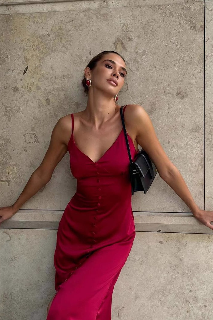 Solid Lace-Trim Cami Maxi Silk Dress Main image