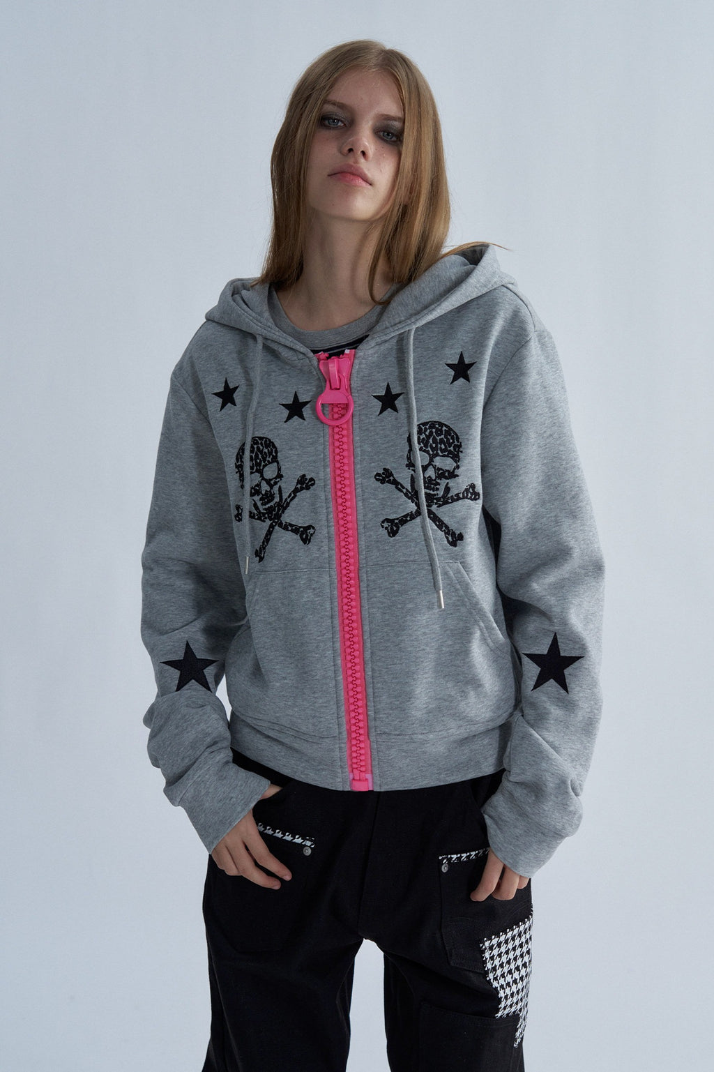 Star Graphic Contrast Zip Up Hoodie