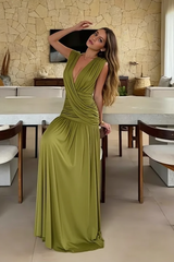 Solid Deep V Ruched Asym Party Dress