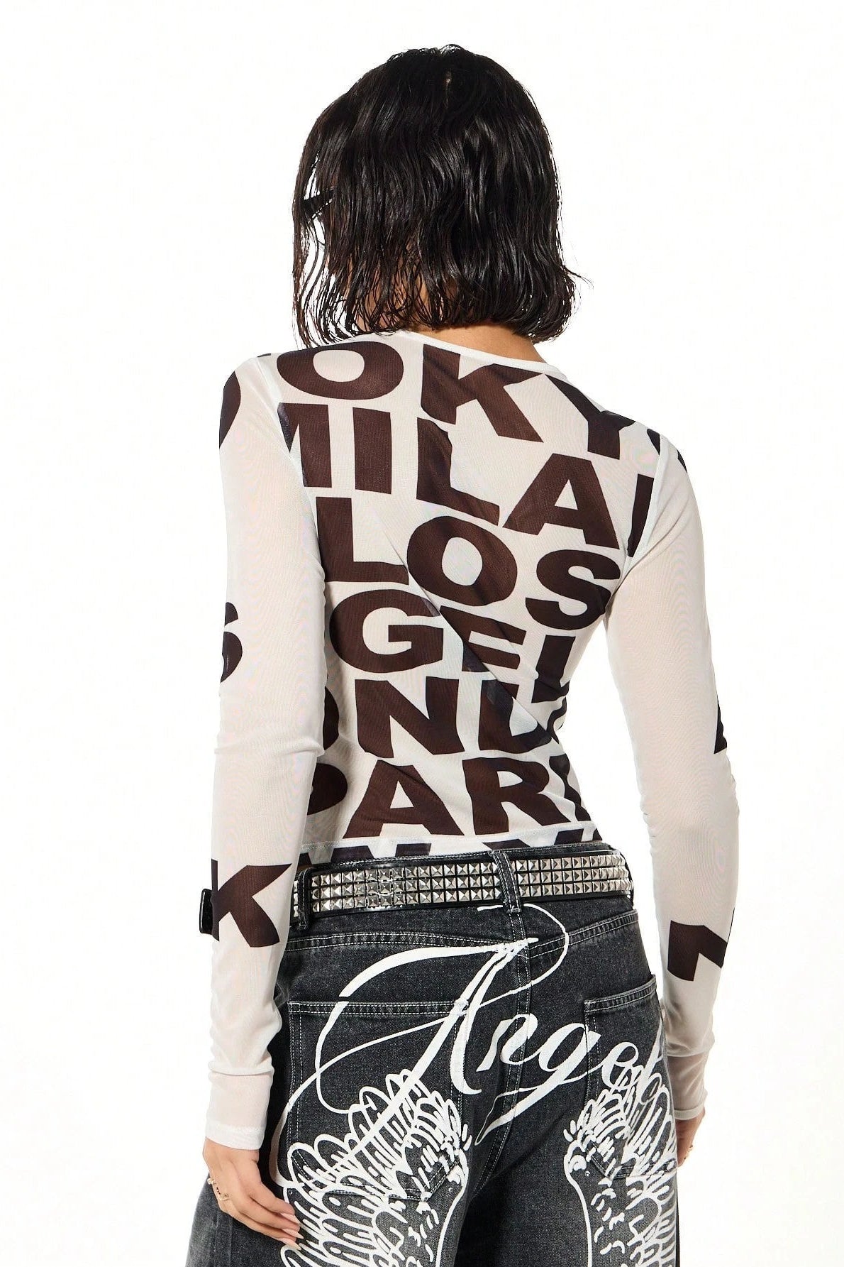 Oversized Letter Print Mesh Long Sleeve T-Shirt Secondary image