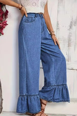 Ruffled Wide Leg Straight Loose Floor Length Jeans