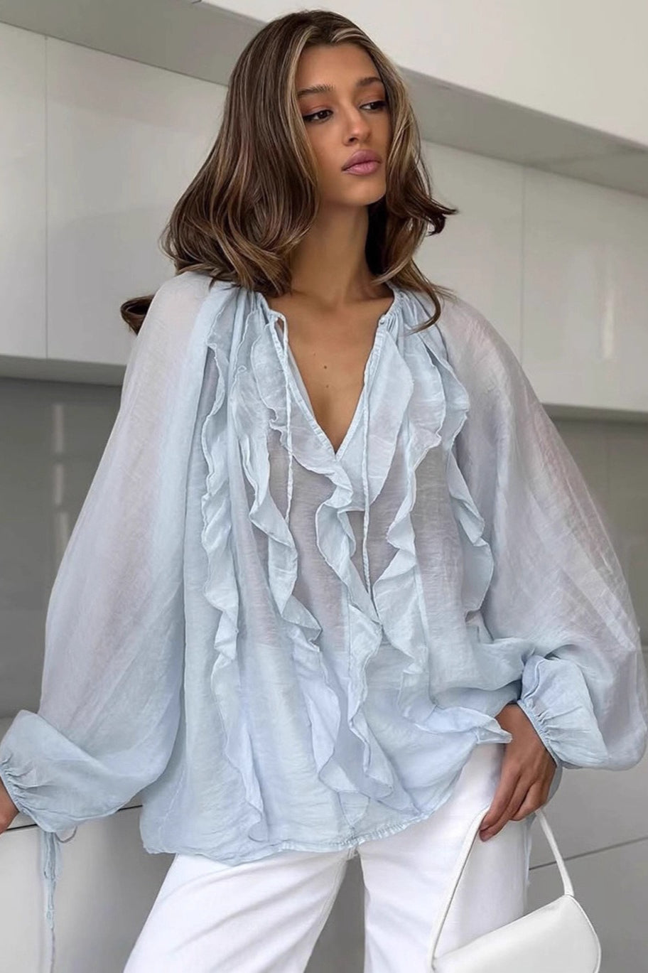 Ruffle Front Balloon Sleeve Loose Fit Blouse