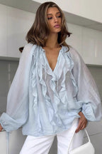 Ruffle Front Balloon Sleeve Loose Fit Blouse