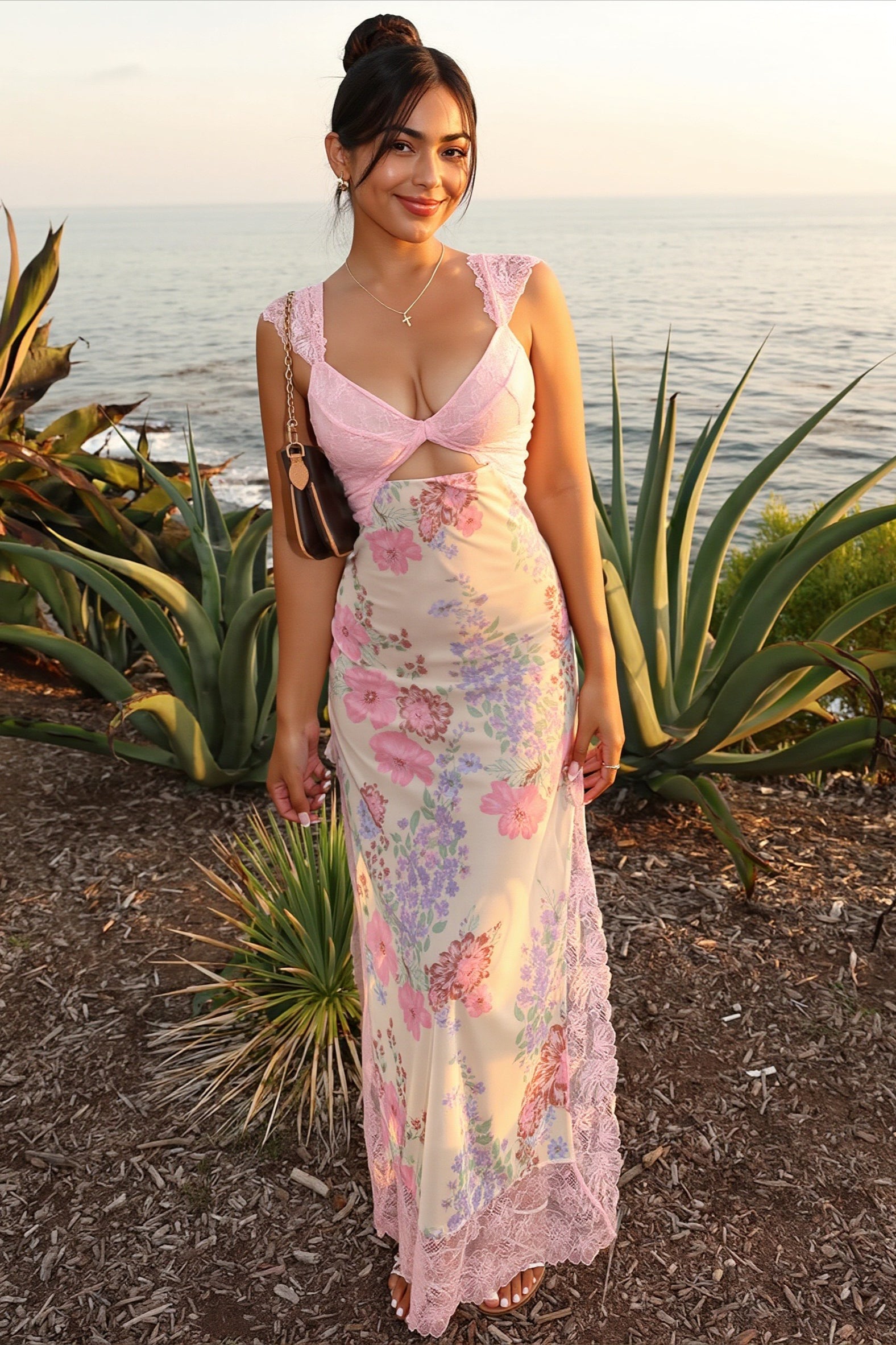 Floral Lace Trim Strappy Maxi Dress