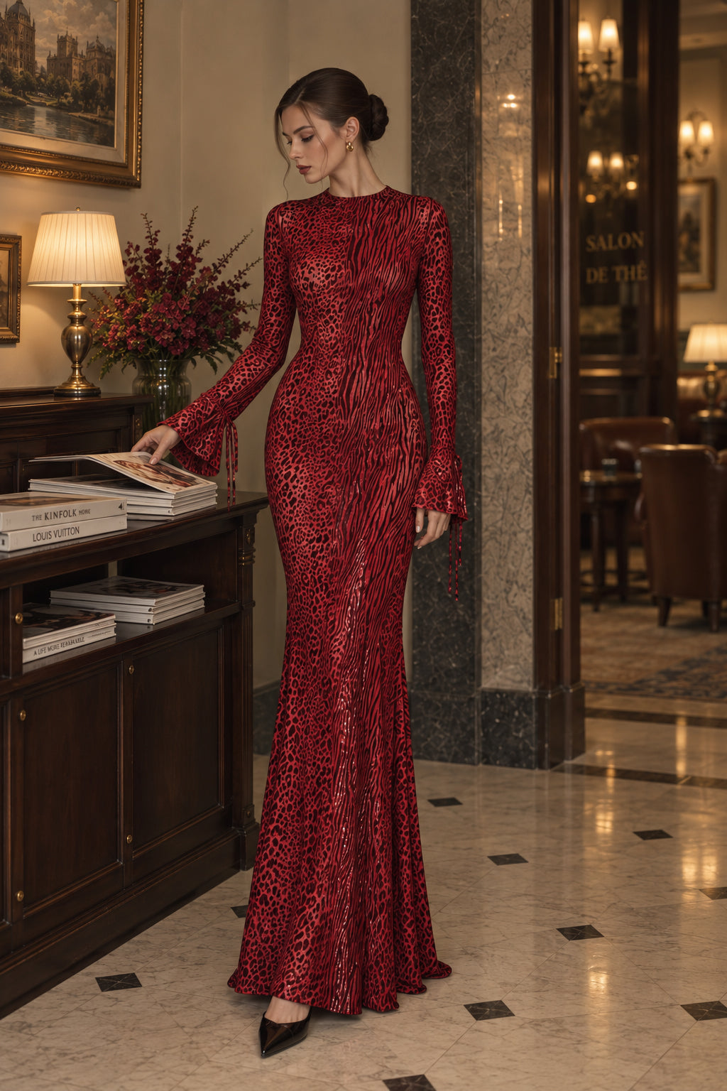 Red Leopard Print Crew Neck Backless Mermaid Maxi Dress Secondary image