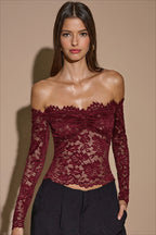 Off Shoulder Lace Sheer Long Sleeve T-shirts
