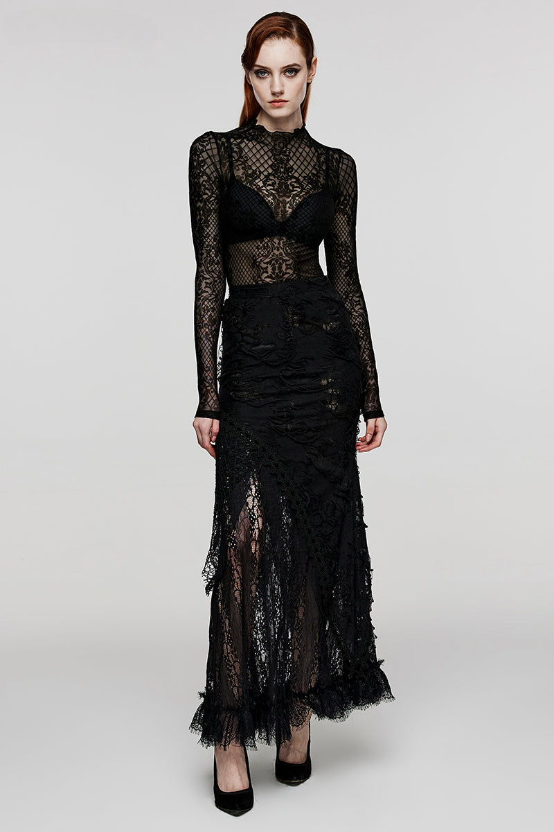 Women's Gothic Ripped Knit Lace Long Dark Feel Club Hallowmas Black Skirt Main image