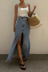 High Waist Denim Slit Maxi Skirt