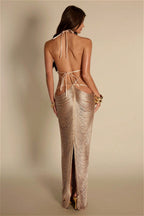 Pearl Chain Cutout Ruched Maxi Dress