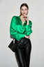 Lace Leather Panel Sheer  Long Sleeve Chic Blouse