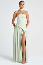Strapless Contrast Panel High Slit Party Dress