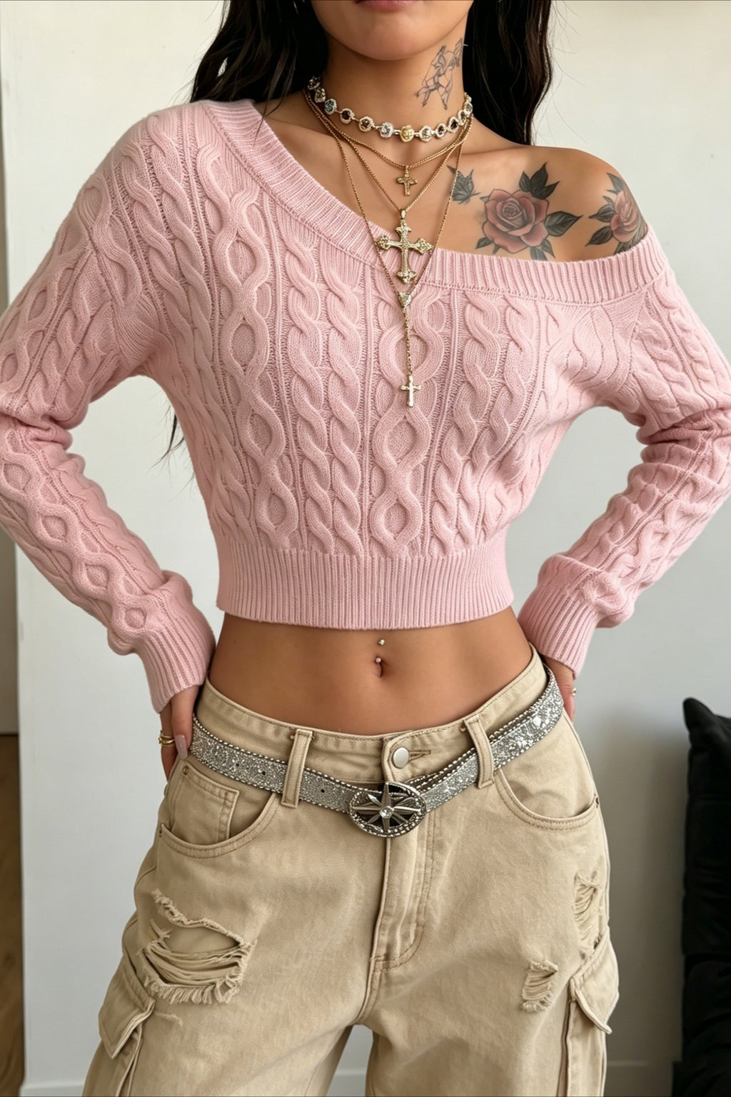 Pink One Shoulder Cable Cropped Knit Sweater