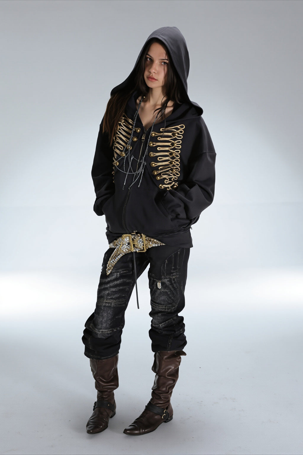 Gold Military Braid Oversized Zip Hoodie