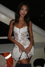 Lace Corset Tie Front Tiered Ruffle Mini Dress