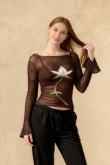 Floral Extended Sleeve Cropped Mesh Knit Sweater Top Women